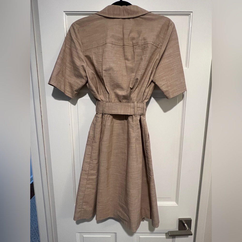 Sharagano Beige O-Ring zip up midi dress with pockets